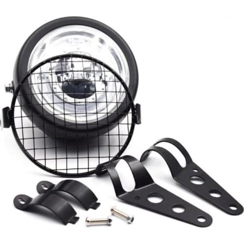 6.5" Cool Retro Motorcycle LED Headlight Grill Side Mount Net Cover W/ Bracket Cafe Racer black Kit