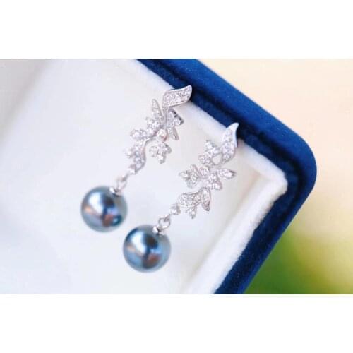 M1106 Solid S925 Sterling Silver Round 10-11mm Nature Fresh Water Black Pearls Drop Dangle Earrings for Women Fine Presents