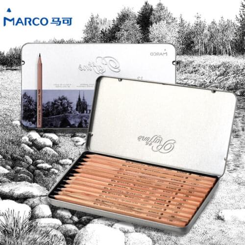Marco Raffine 12pcs/tin 3H-9B Professional Sketching Pencils Artist Black Wooden Sketch Drawing Pencil School Student Supplies