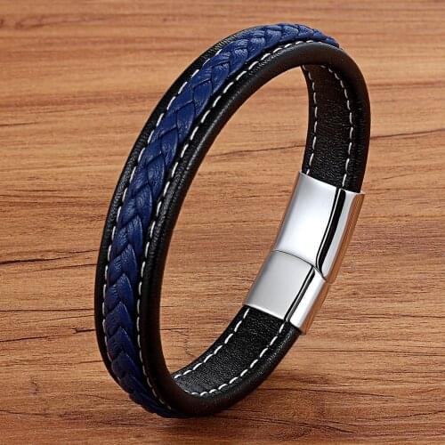 Bracelet Men Stainless Steel Leather Bangles Magnetic-clasp Braided Trendy Bracelet Armband Charm Bangles Male Wrist Band Gifts