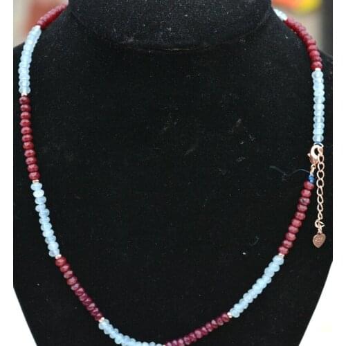 Natural 2x4mm Faceted Aquamarine & ruby Rondelle Gemstone Beads Necklace 18