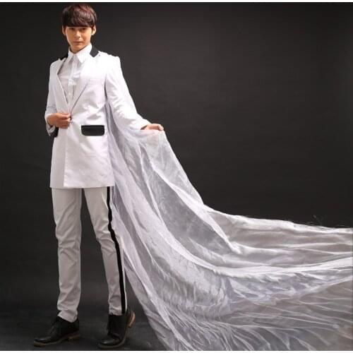 2016 New Fashion Nightclub Male Singer DJ GD white yarn mantissas Medium-long Suit Stage show performance ds costume