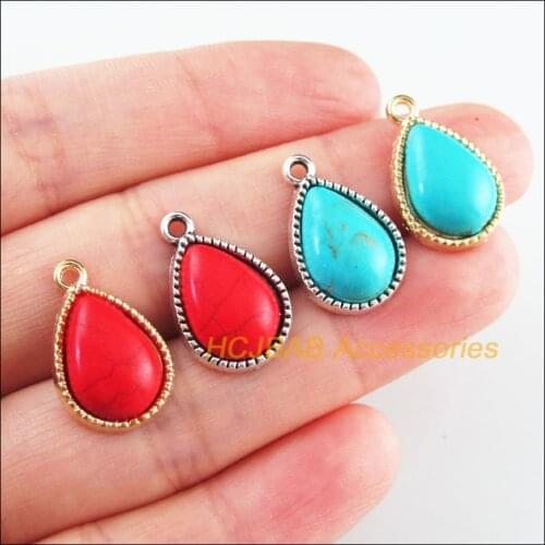 15Pcs Retro Gold Color Tibetan Silver Tone Teardrop Blue&Red Stone Charms Pendants 13x19mm