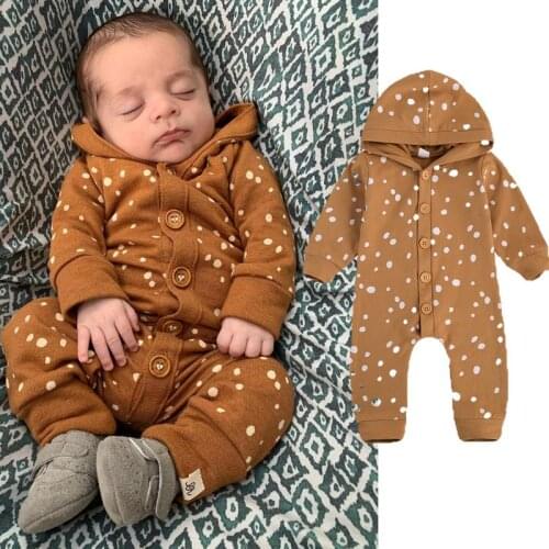 Pudcoco Newborn Baby Girls Boys Casual Style Romper Toddler Polka Dot Pattern Long Sleeve Button Down Hooded Jumpsuit 0-24M