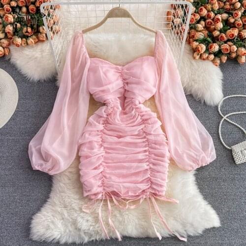 YornMona Sexy Package Hips Mini Dress Slim Drawstring Ruched Night Club Party Pink White Bodycon Dress Female Vestidos