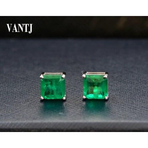 VANTJ Real 10K White Gold Lab Grown Emerald Stud Earring Hydrothermal Created Gemstone Fine Jewelry For Women Party Wedding Gift