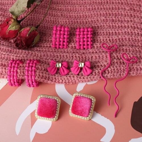 17KM Cute C Shape Pink Earrings For Women Korean GeometrIc Unusual Red Drop Earrings Grid Bow Dangle Earring 2021 Trend Jewelry