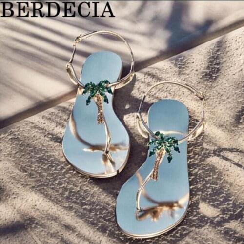 Green Palm Tree Crystal Fashion Buckle Mules Flats Sole Flip-Flop Sandals Women 2021 Open Toe Multicolor Style Sandały Summer
