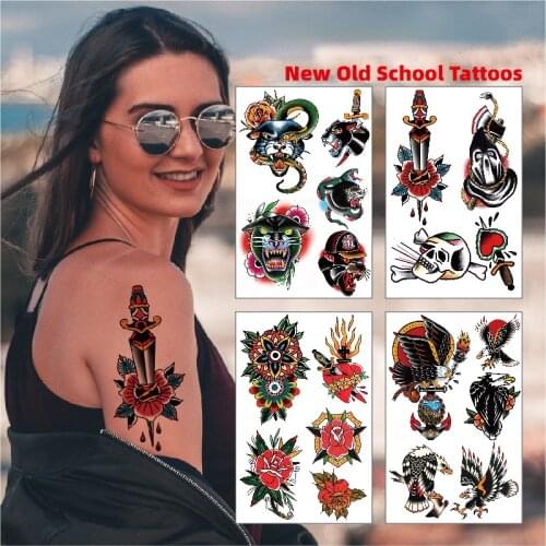 Traditional Waterproof Temporary Tattoos New Old School Color Eagle Leopard Butterfly Flower Tattoo Stickers Fake Flash Tattoos