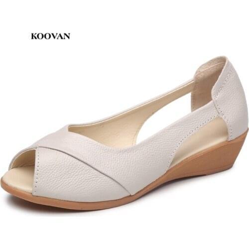 Koovan Womens Sandals 2020 New Ms. Sandals Summer Real Leather Soft Middle-aged Peeper Shoes Slope Mothers Summer Shoes