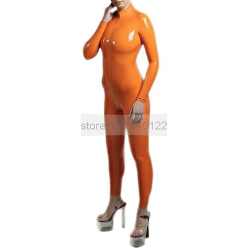 Women Sexy Orange Latex Catsuit Back Zip Tights Rubber Fetish Bodysuit Female Costumes Handmade Plus Size Custom Made BNLC235