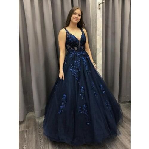 Navy Blue Appliques Flowers Prom Dress 2021 Double V Neck A Line Tulle Evening Formal Party Dress robe de soiree