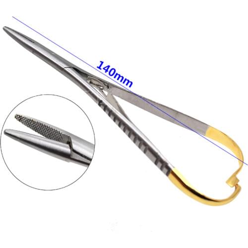 Dental Needle Holder Forceps Orthodontic Plier Stainless Steel Surgical Instrument Tools Curved Gold Plated Handle Straight Head