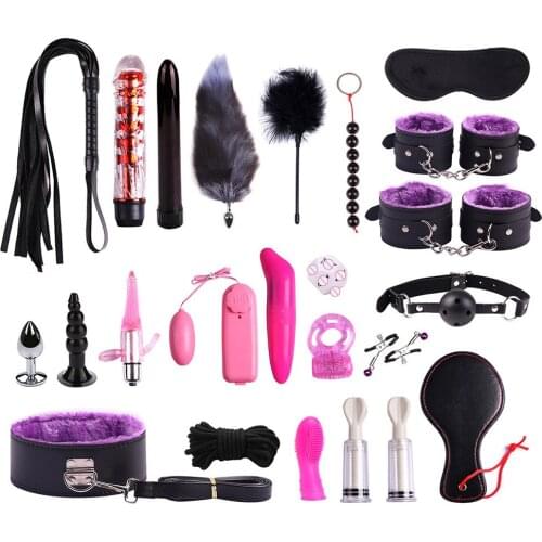 23pcs Adult Leather Bondage Suit Bdsm Set, Exotic Couple Flirting Sex Toys Tie Rope Handcuffs Anal Plug Vibrator Nipple Clamp
