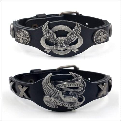 4pcs Men Punk Motorcycle Rider Genuine Leather Wrap Bracelet Live To Ride Fashion Eagle Charm Bracelet Wristband Drop Shipping