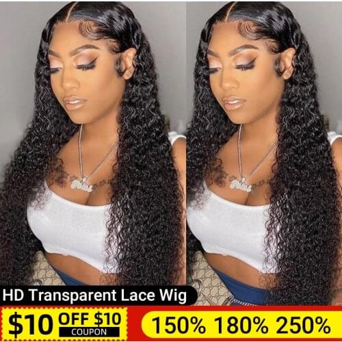 Brazilian Kinky Curly Human Hair Wig Transparent Lace Frontal Wigs For Women Glueless T Part Lace Closure Curly Human Hair Wig