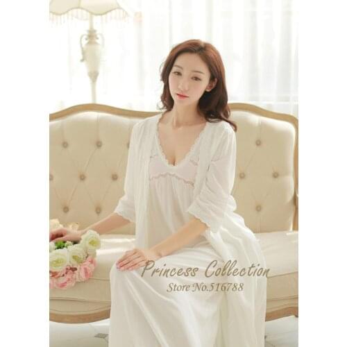 Free Shipping Princess Robe Womens Long Sleepwear Embroidery Nightgown Two Pieces Set