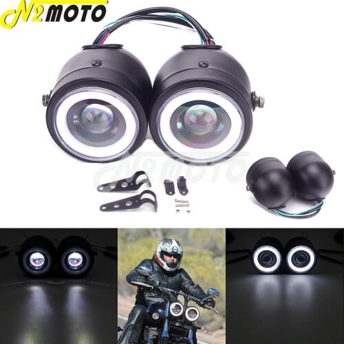 Black Motorcycle Dominator Angle Eye Single Twin Dual LED Headlight Front Lighting For Harley Softail Dyna Sportster Cafe Racer