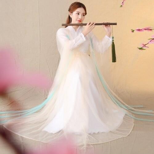 D-0818 White Shallow Ancient Costume Improved Hanfu Fairy Womens Guzheng Dance Costume Elegant Chinese Classical Dance Dress