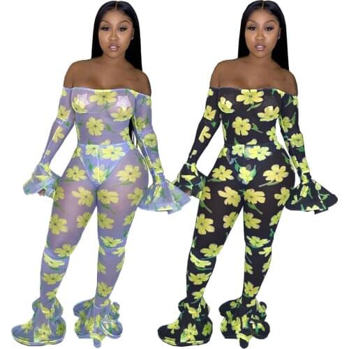 Women Floral Printed Jumpsuits - Long Sleeve Off Shoulder Mesh Bodycon Jumpsuit Rompers Outfits Catsuit Clubwear