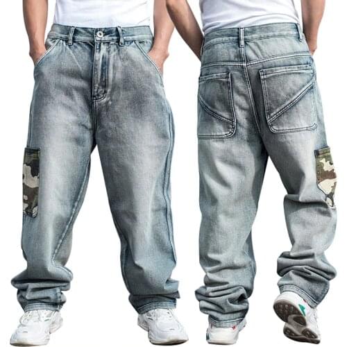 Loose Jeans Men Denim Pants Baggy Straight Camouflage Splicing Pocket Hip Hop Skateboard Light Blue Wide Leg Trousers Large Size