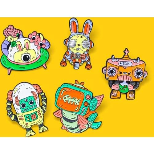 Alien Enamel Pins Rabbit beef fish Robo UFO Planet Flower Television Computer Play Brooches Universe Cosmic Life Badges Jewelry