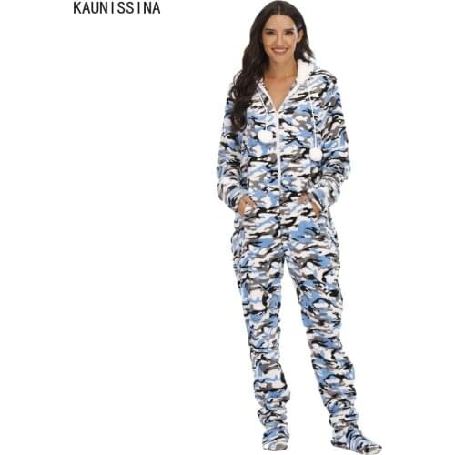 Women Onesie Sleepwear Flannel Camouflage Long Sleeve Pockets Home Wear Female Nightwear One Piece Pajamas Winter Loungewear