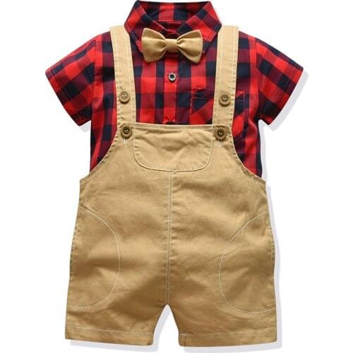 Toddler Boy Clothes Baby Single Breasted Suit Set Plaid Shirt Denim Jumpsuit for Boy Clothing Turn-down Collar Outfit Sets