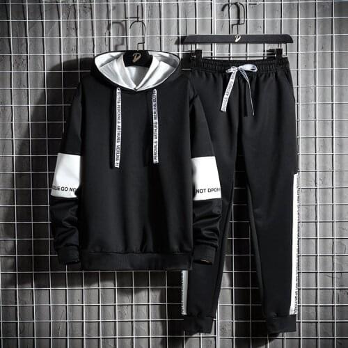 Mens Suit Hoodie + Sweatpants 2 Piece Suit Spring and Autumn Casual Patchwork Hooded Letter Sports Suit