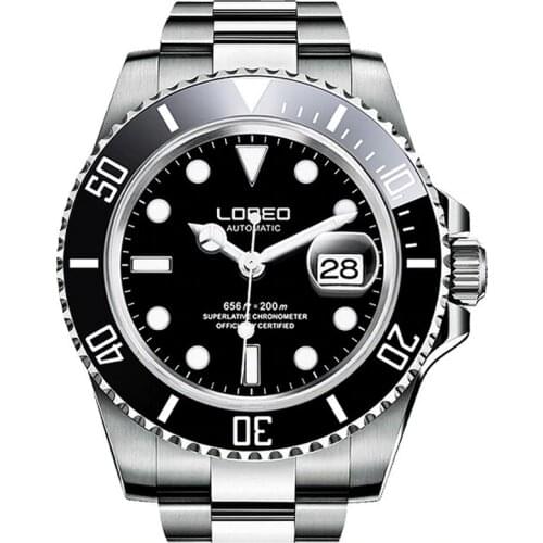 LOREO Mens Sport Luminous Rotatable Bezel 200M Waterproof Automatic Self Wind Mechanical Wrist Watches - Single Calendar Steel