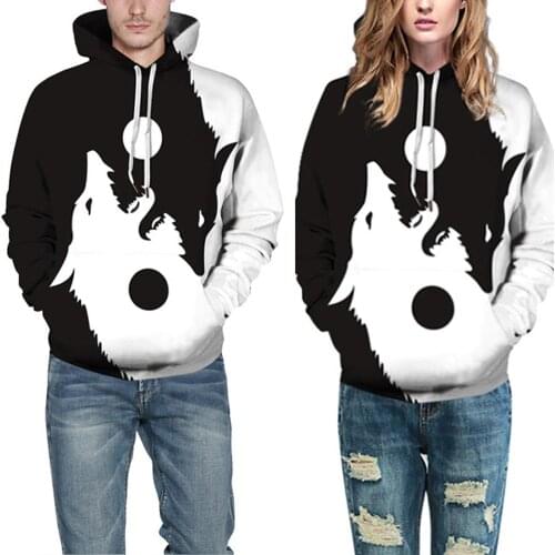 Unisex Fashion Long Sleeve Letters Yin Yang Wolf Print Blouse Hoodie Sweatshirt Sports Outdoor hiking cycling Hooded Hoodies