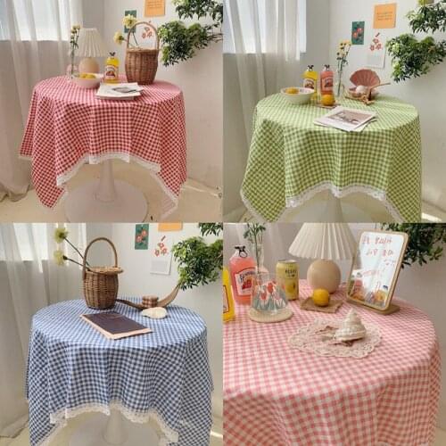 Ins Style Japanese Korean Style Small Fresh Plaid Tablecloth Makaron Color Girl Heart Lace Side Table Mat Tea Table Picnic Cloth