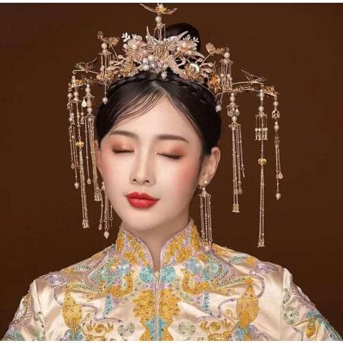 NiuShuya Luxury Chinese Vintage Bride Hair Accessories Tiara And Crown Pearl Gold Butterfly Flower Wedding Hairband Jewelry