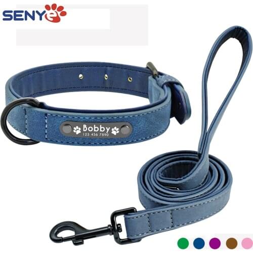 Pet Dog Tag Collar Leash Set Custom Dog Collars 2 Layer Leather Personalized Lead For Small Medium Large Dogs Pitbull Bulldog