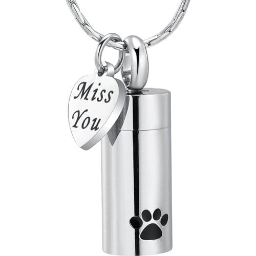 Urn Necklace Pet Loss Cremation Jewelry Carved Miss You Heart Charm & Dog Cat Paw Print Cylinder Memorial Urn Pendant For Ashes