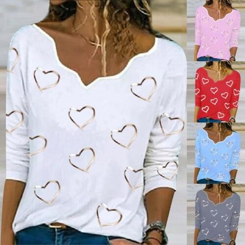 Valentines Day Plus Size Shirts For Women Heart Printed V-neck Tunic Tops Long Sleeve Spring Blouses Women Casual Bluzka Damska