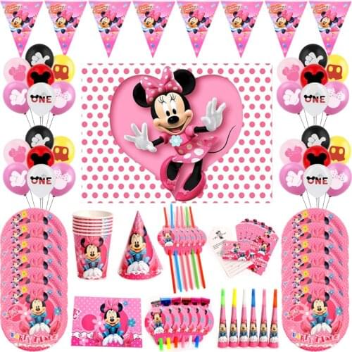 Disney Minnie Mouse Theme Birthday Party Supplies Cup Plate Kids Girl Pink Birthday Party Decoration Disposable Tableware Set