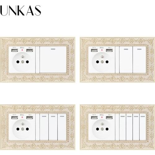 UNKAS 4D Zinc Alloy Metal Panel French Socket Dual USB Port + 1 2 3 4 Gang 1 / 2 Way On / Off Light Switch Embossing Retro Frame