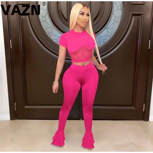 VAZN 2020 Top Quality Sexy Club Solid 3 Color Sweet Young Style Short Sleeve Group Long Pants Slim Women 2 Piece Set