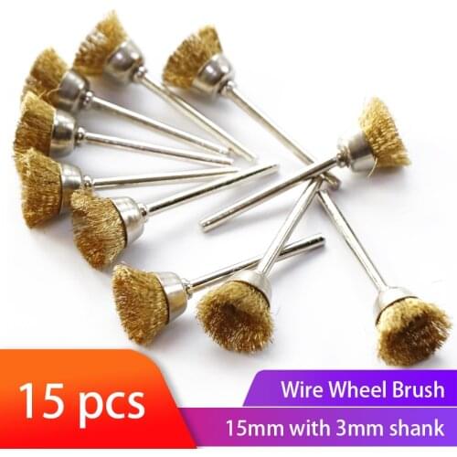 15pcs Wire Polishing Wheel Brush Brass Brush 3.mm Shank Cup Brush For Dremel Rotary Tools Accessories Metal Rust Removal
