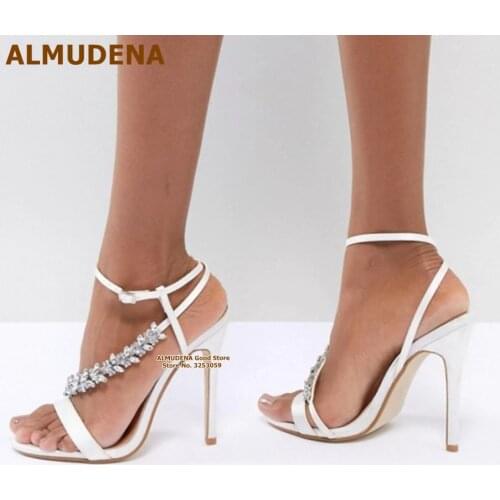 ALMUDENA Glittering Crystal Beaded Floral Sandals Women Amazing White Satin Strappy Wedding Shoes Rhinestone Jewelry Party Shoes