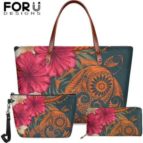 FORUDESIGNS Hawaii Turtle Pattern Fashion Shoulder Bags for Womans Polynesian Tropical Hibiscus Plumeria Print Ladies Large Tote