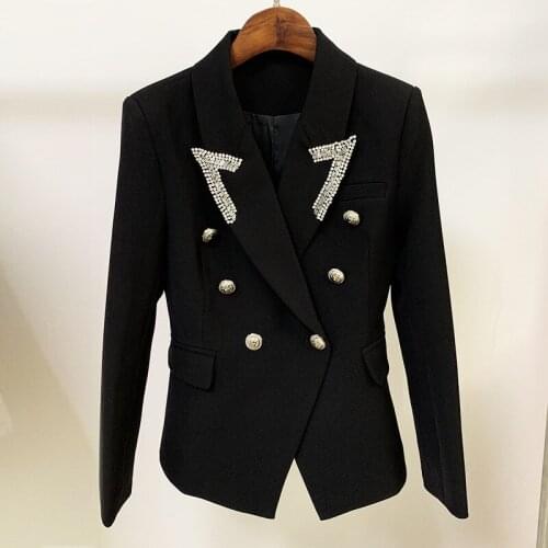 New Diamond Black White Blazer Women Jackets Coat Collar Point Beaded Diamond Classic Double Breasted Slim Womens Blazers Suit