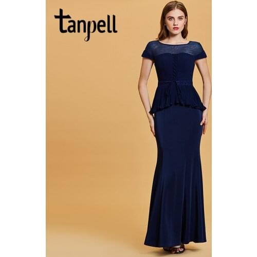 Tanpell long evening dress dark navy scoop short sleeves floor length mermaid gown women party formal chiffon evening dresses