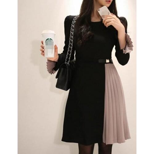 2019 New arrival Women elegant knee-length Pleated dress patchwork Vestidos women Spring Flare Sleeve party dress DC845