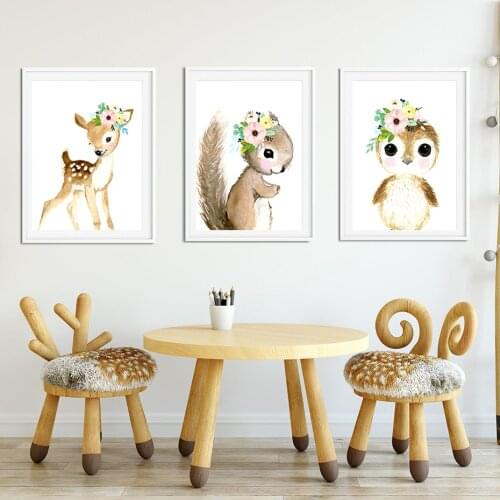 Woodland Animals Floral Owl Rabbit Deer Nursery Decor Canvas Painting Wall Art Pictures Poster Print for Kids Room Decoration