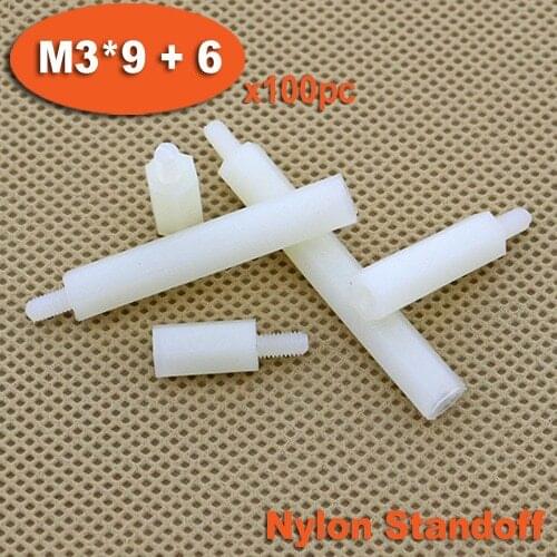 100pcs Male To Female Thread M3 x 9mm + 6mm White Plastic Nylon Hexagon Hex Standoff Spacer Pillars