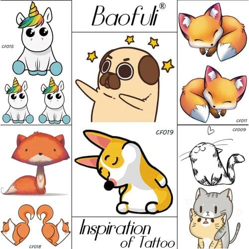 Baofuli Puppy Dog Unicorn Cartoon Cat Temporary Tattoo Fox Painting Art Tattoo Star Fake Tattoo Waterproof Body Arm Leg Children