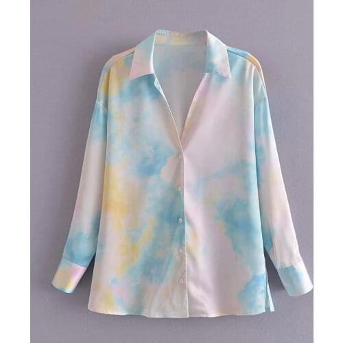 MESTTRAF Women 2021 Fashion Tie-Dye Print Loose Blouses Vintage Long Sleeve Button-up Female Side split Shirts