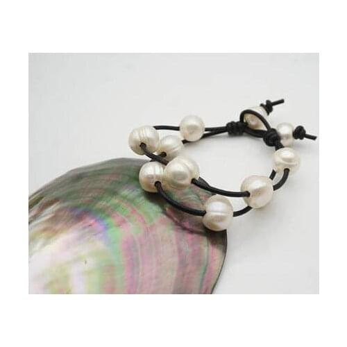 New Arriver AA + 9-11MM Natural Color White Pearl 2 Rows Real Leather Bracelet Genuine Freshwater Pearl Bracelet